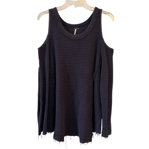 Charcoal Gray Free People Cold Shoulder Waffle Knit Top Large - Picture 1 of 8
